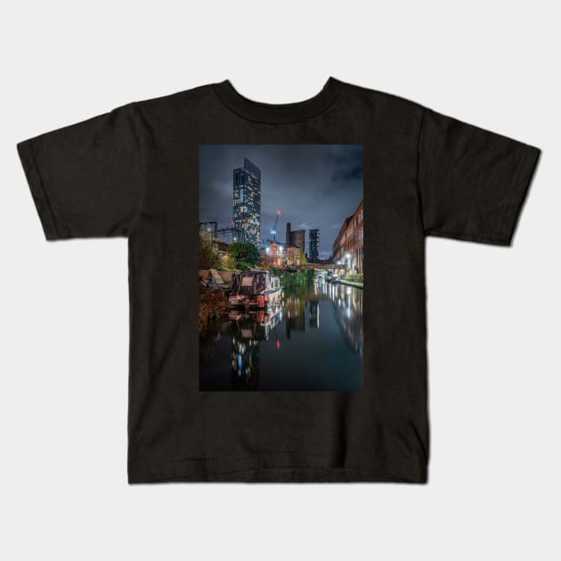 Rochdale Canal at Night with Beetham Tower Manchester Kids T-Shirt by TonyNorth